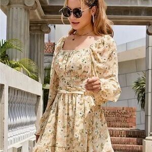 EXLURA tie back yellow floral mini dress